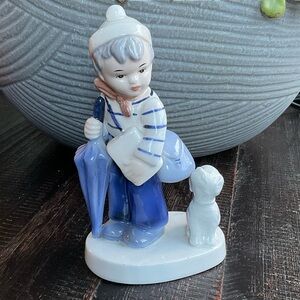 Adorable Blue and White Boy with Umbrella Figurine